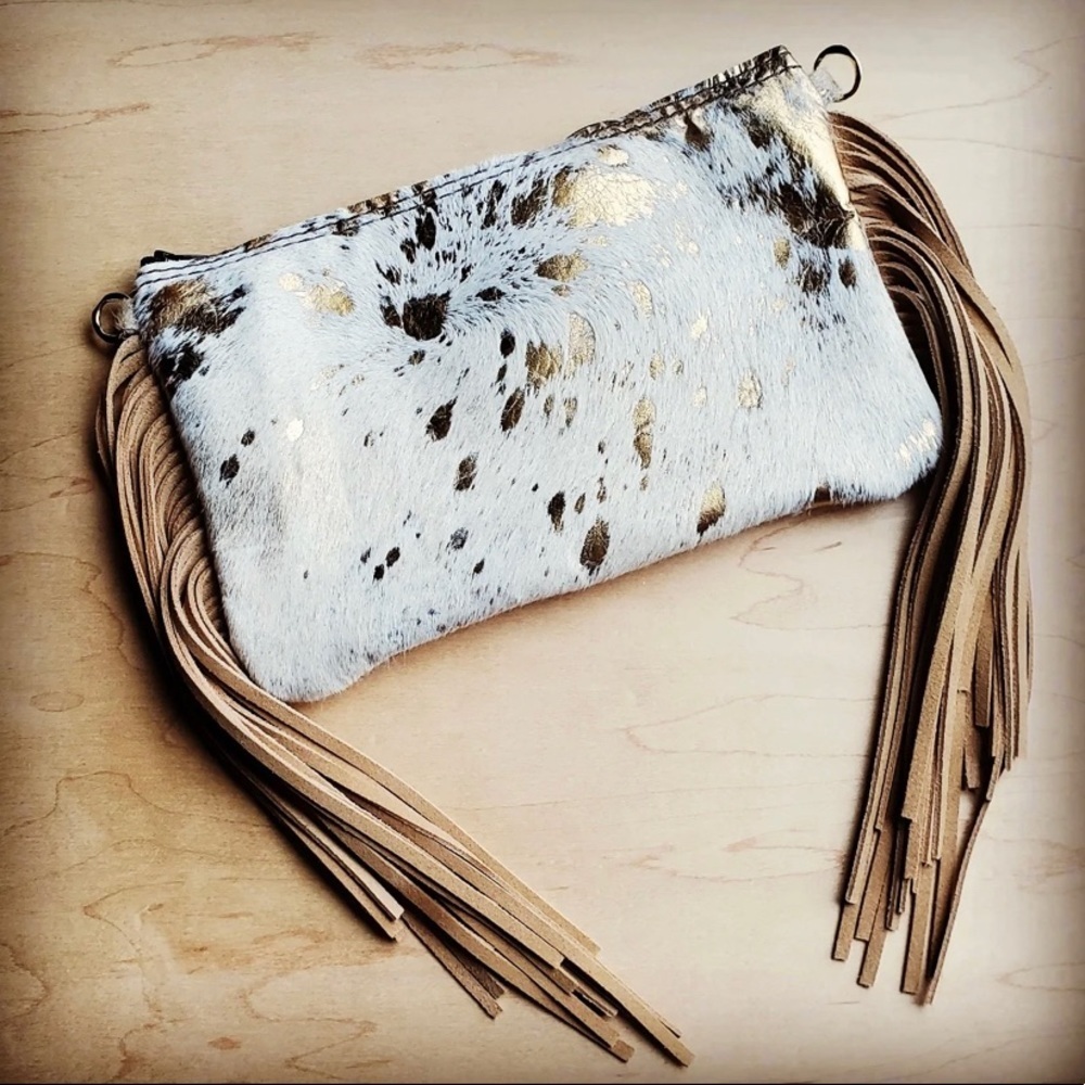 Cream and Gold Metallic Hair-on-Hide Leather Clutch Handbag